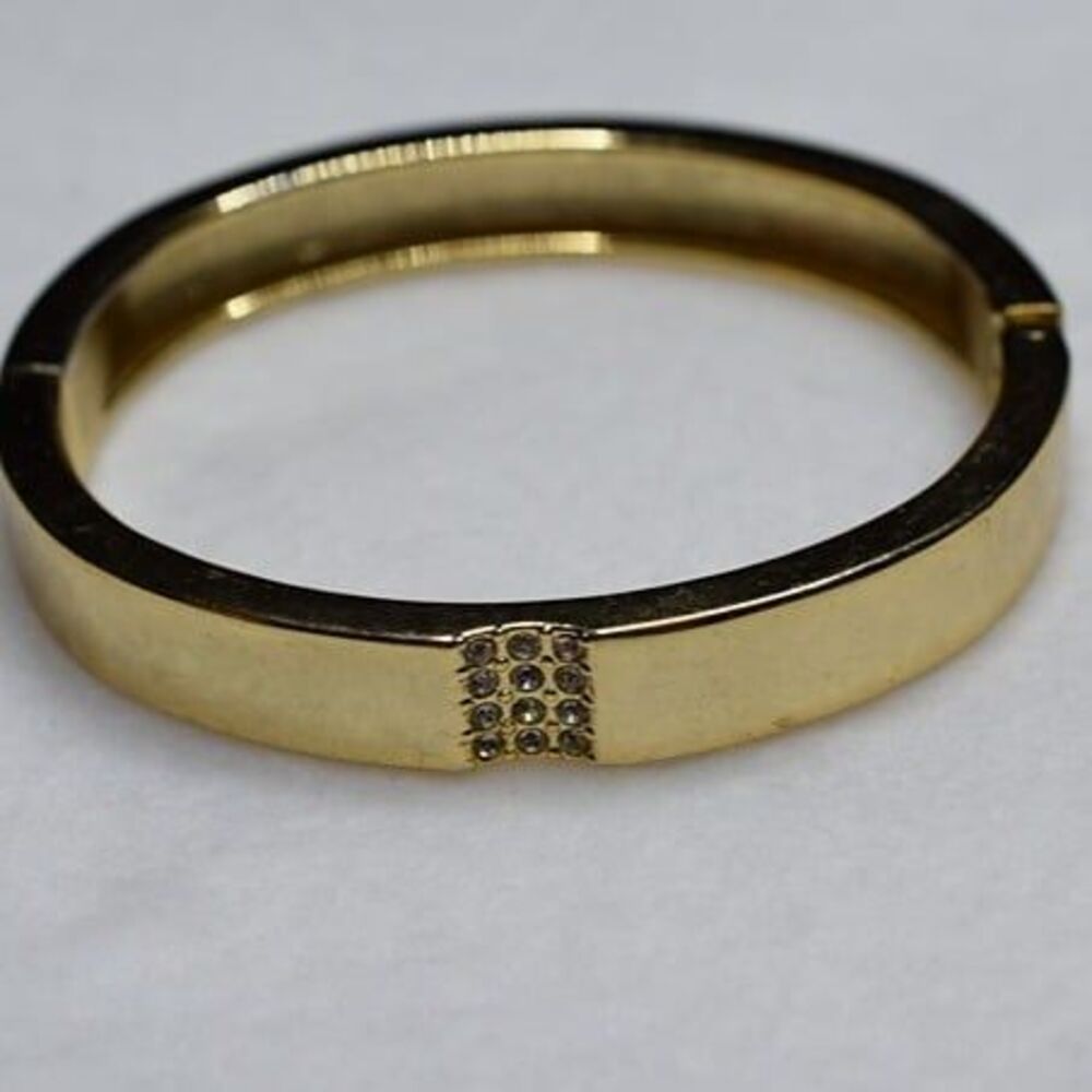 Vintage Sparkle Rhinestone Gold Tone Spring Lock Cuff Bangle Bracelet